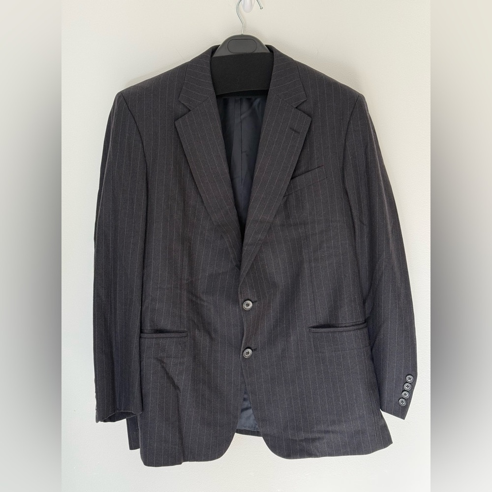 Hickey Freeman Mens Suit Sport Coat 2 Button Black PinStripe 46R 100% Wool